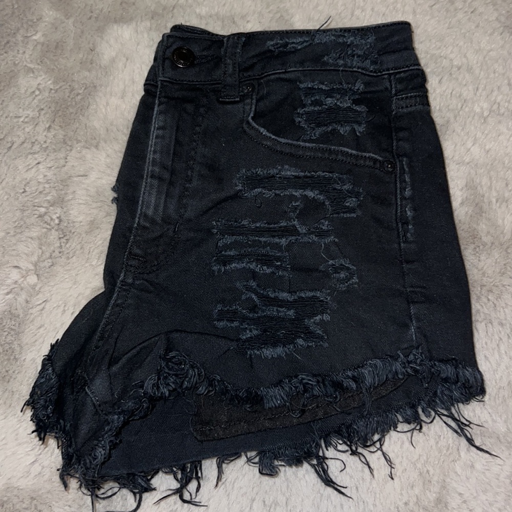 American Eagle Outfitters Stretch Black Ripped Jean High-Rise Shorts, Women’s 2 - Picture 3 of 8